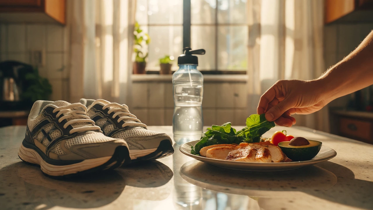 Healthy protein-rich meal being prepared next to running shoes on a kitchen counter.