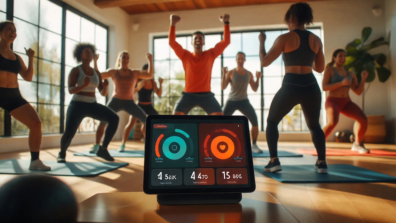 Home HIIT workout with trainer and real-time heart rate metrics displayed on a tablet overlay.
