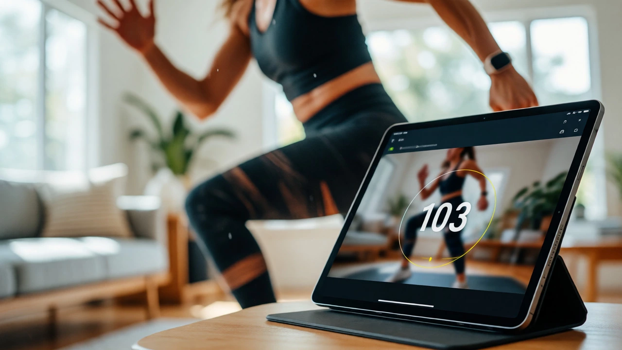 Person doing a HIIT workout at home with an iPad displaying a fitness class.