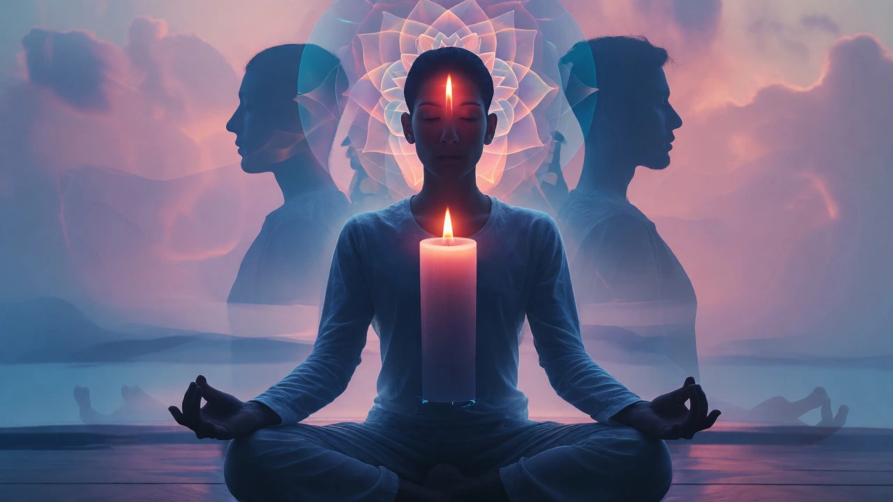 Person meditating with a glowing candle at the third eye, symbolizing inner vision.
