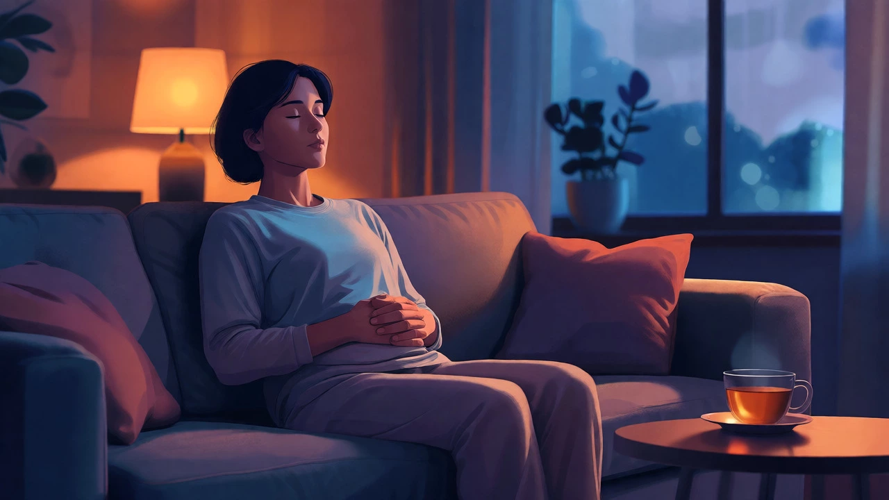 Person practicing deep breathing exercises in a dimly lit, cozy living room to reduce stress and improve sleep.