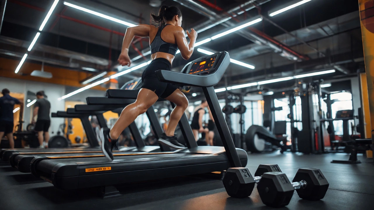 Person sprinting intensely on a treadmill during a HIIT workout in a modern gym.