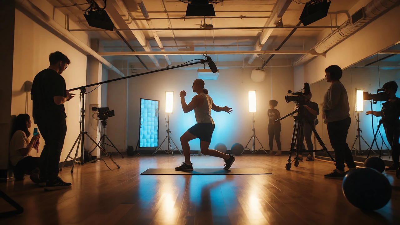 Professional film crew recording a certified personal trainer in a high-end fitness studio.