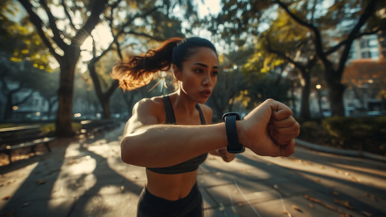 Runner exercising outdoors with a fitness tracker on their wrist