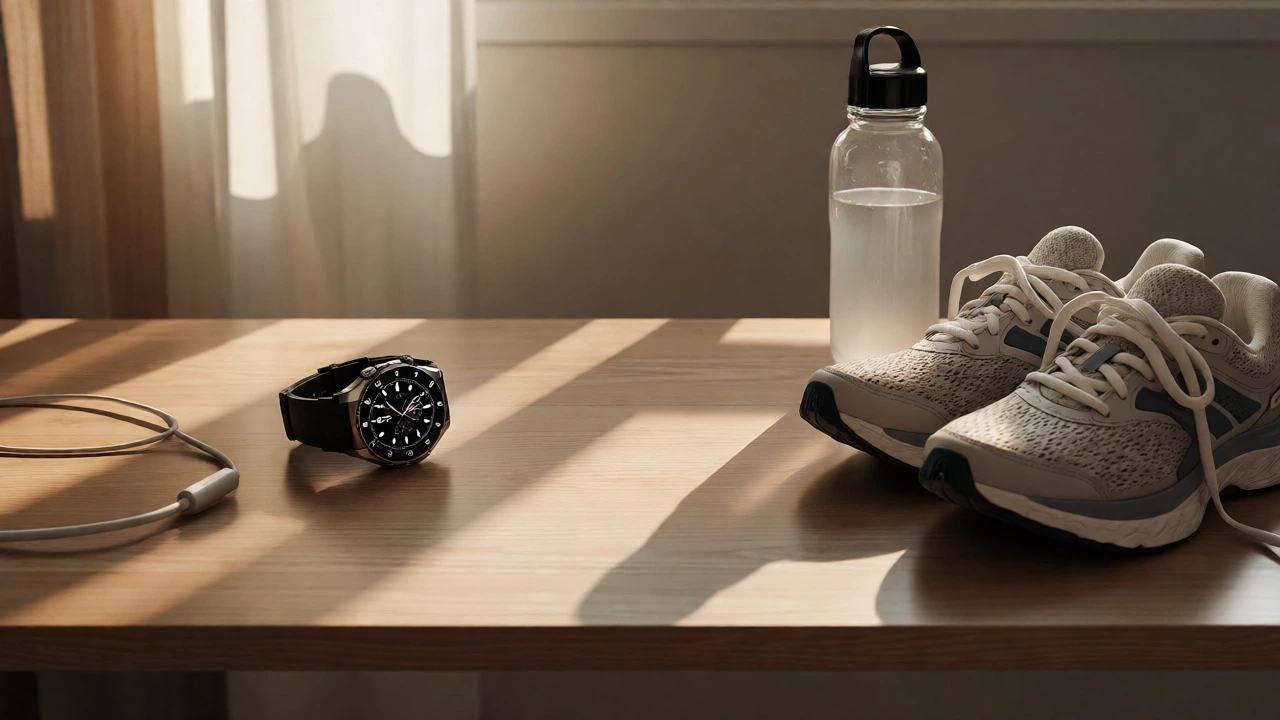 Smartwatch and running shoes arranged on a desk for comparison