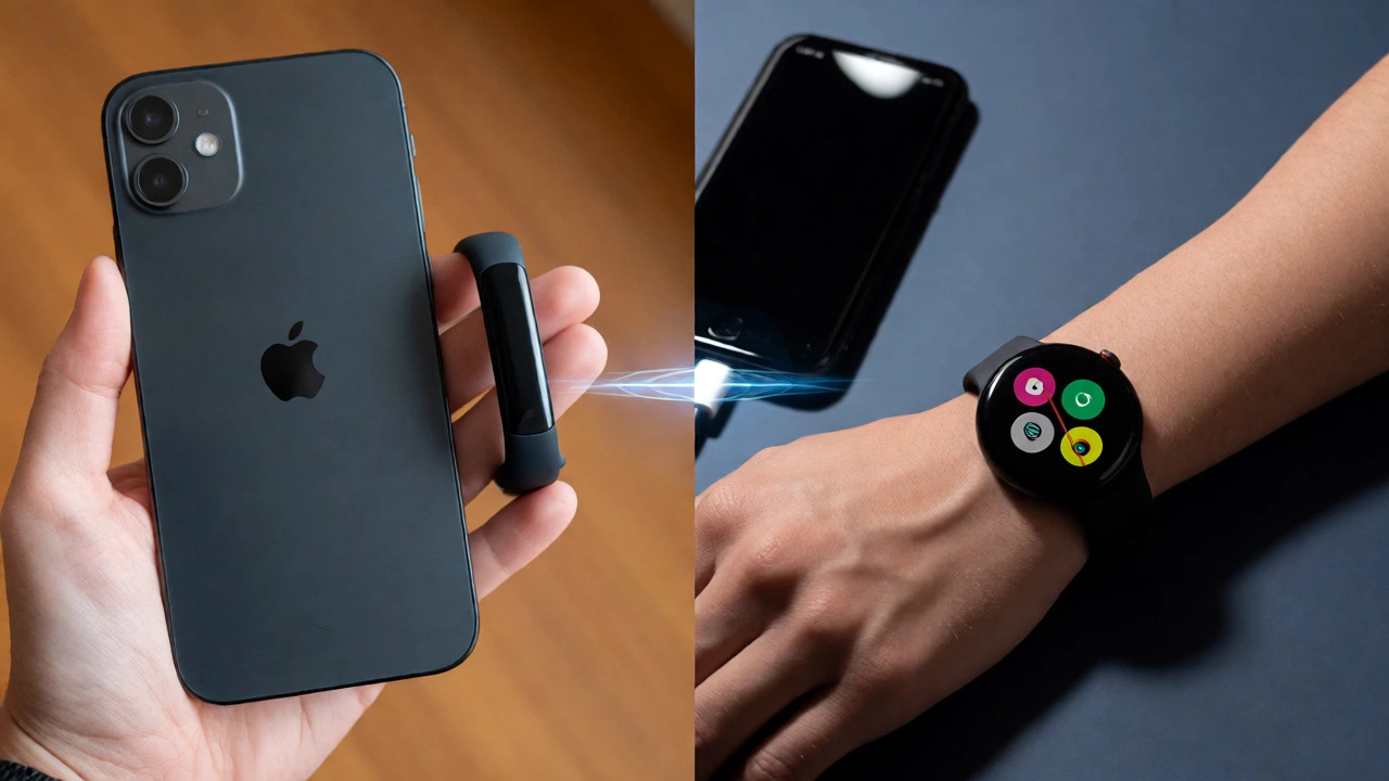 Split view comparing Fitbit with iPhone and Pixel Watch with Android