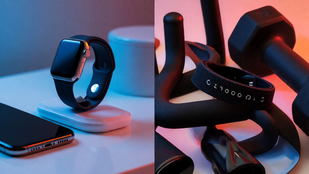 Split view comparing streamlined Apple Watch setup against cluttered alternative fitness equipment.